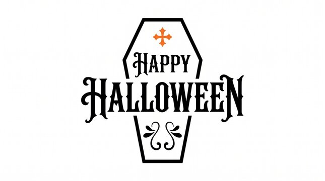 Happy halloween greeting card design with text inside a black coffin shape isolated on a plain white background