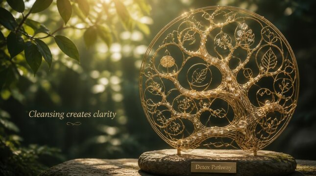 Detox Pathway Tree Symbolizing Clarity Next to Dappled Sunlight Filtering Background