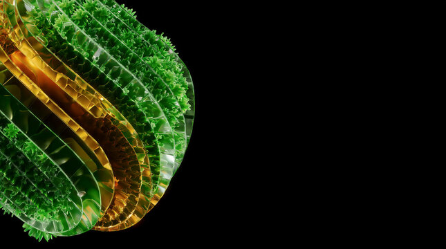 Real time analytics concept featuring a glass algae swirl floating in a pure black void