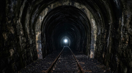Naklejka premium Dark Stone Railway Tunnel with Light at the Exit