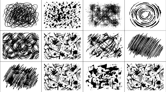 Ink Brush Strokes and Grunge Scribble Textures Vector Set with Splatters and Scratches