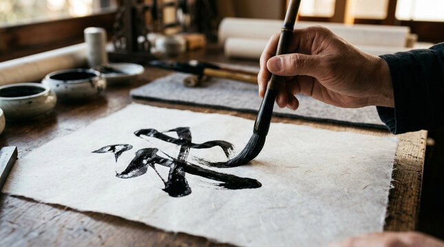 Japanese Calligraphy Artist Writing Kanji with Brush