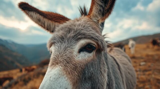 Close-up portrait of a curious donkey with expressive eyes in a mountainous landscape.