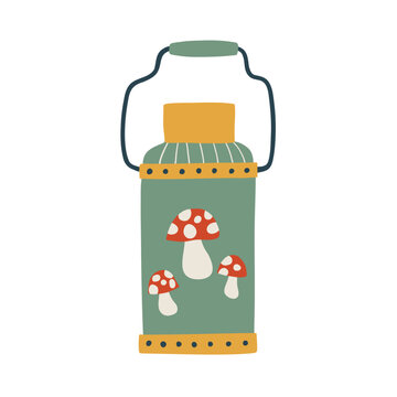 Retro thermos with fly agaric mushrooms for hot drinks. Colorful hand drawn vacuum flask with decorative folk art ornament, isolated kitchenware illustration on white background.
