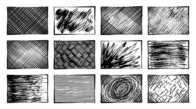 Set Of Twelve Hand Drawn Grunge Textures With Ink Brush Strokes And Scratches