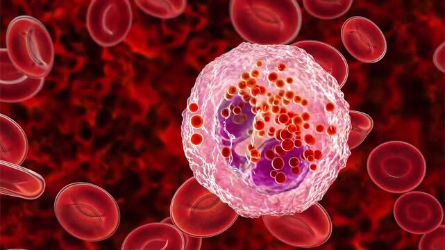 Eosinophil, 3D animation of activated white blood cell releasing granules in blood among red blood cells during allergic or antiparasitic immune response.