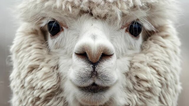 Close up portrait of a fluffy white alpaca looking at camera in a natural outdoor setting.