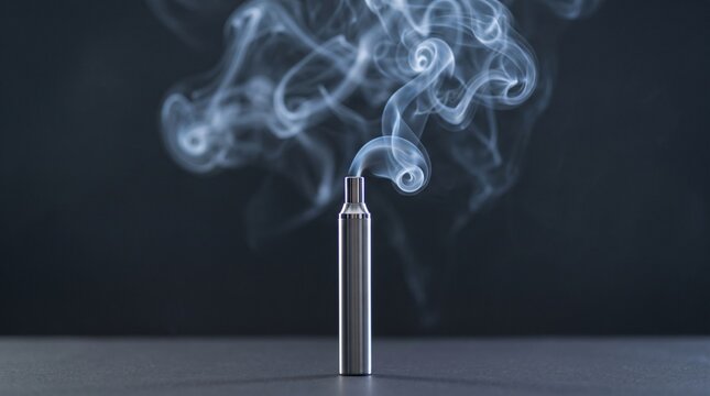 Silver vape device releasing smoke against a dark background  