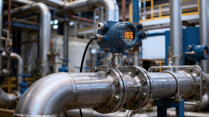 Fototapeta premium Pressure transmitter displays measurements on industrial pipeline system within modern manufacturing facility. Pressure transmitter expertly mounted on steel pipes, ensuring monitoring 