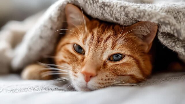 Orange tabby cat peeking cozily from under soft gray blanket on bed.