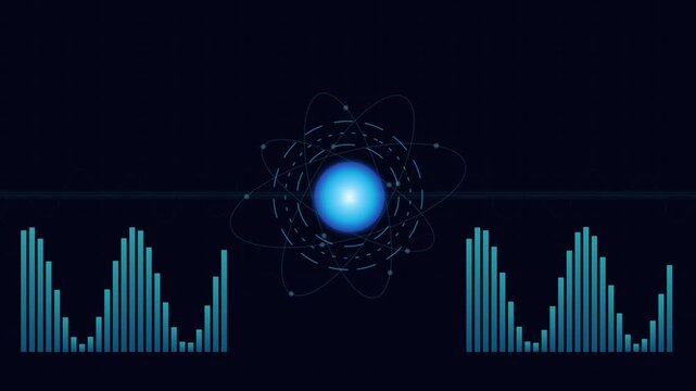 Abstract blue glowing atom and digital data frequency visualization