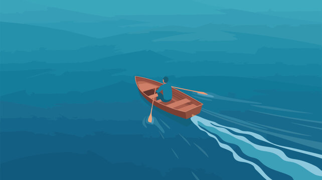 Lone person in small wooden boat rowing on calm expansive blue ocean