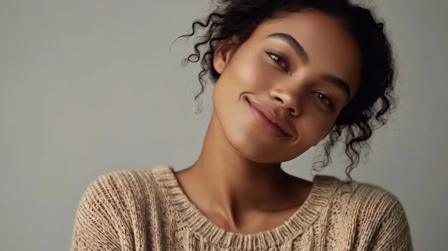 Young Woman Smile Portrait in Beige Sweater With Curly Hair Against Gray Background