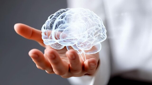 A person's hand holds a glowing, digital wireframe brain that materializes from scattered particles into a solid hologram.
