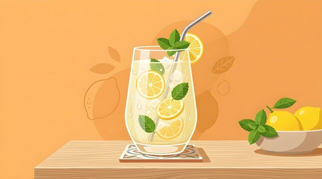 Vector illustration of cold fresh lemonade glass with mint leaves ice cubes and steel straw.