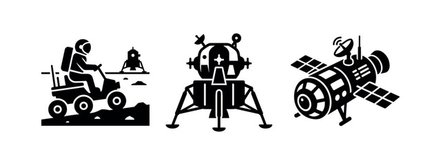 Space Mission Icons: Astronaut on Moon Rover, Lunar Lander, and Communication Satellite, representing cosmic journey. © Lili