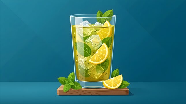 Vector illustration of iced green tea beverage with mint leaves lemon slices and ice cubes.