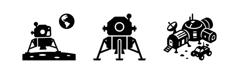 Lunar Base and Space Exploration Icons: Lander, Habitat, and Moon Rover, for future colonization. © Lili