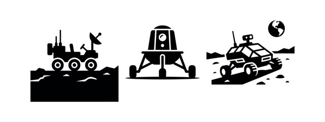 Planetary Exploration Icons: Moon Rover, Lunar Lander, and Mars Rover, depicting interstellar missions. © Lili