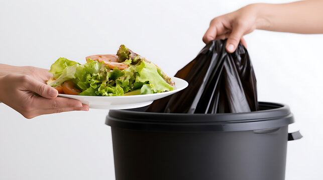 Person discard leftover fresh vegetable salad into black garbage bin, food waste disposal concept, environmental problem, studio white background
