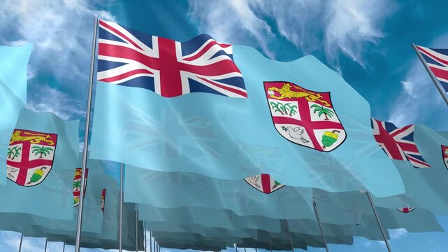 Multiple Fiji flags seamless looping waving on blue sky