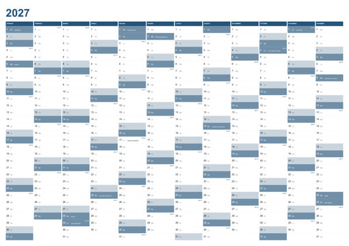 Calendar for the year 2027 with Italian holidays in Italian language. Wallplanner, span-a-year calendar