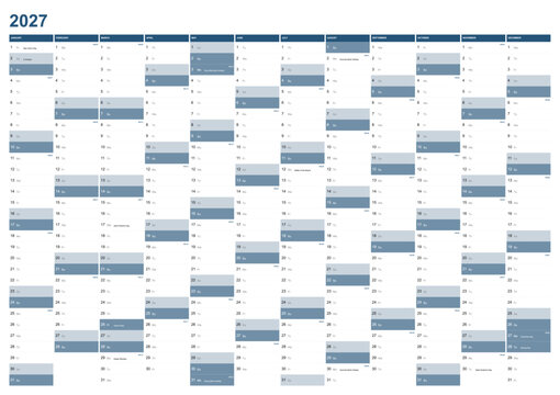 Calendar for the year 2027 with British holidays in English language. Wallplanner, span-a-year calendar