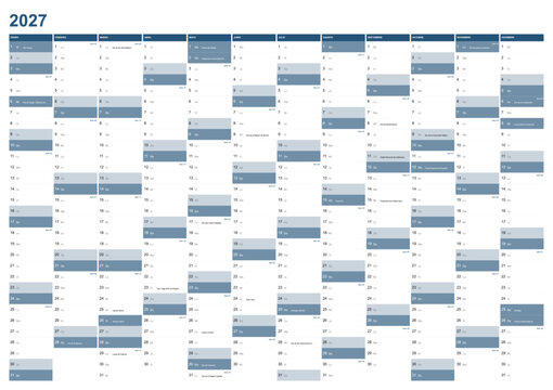 Calendar for the year 2027 with Spanish holidays in Spanish language. Wallplanner, span-a-year calendar