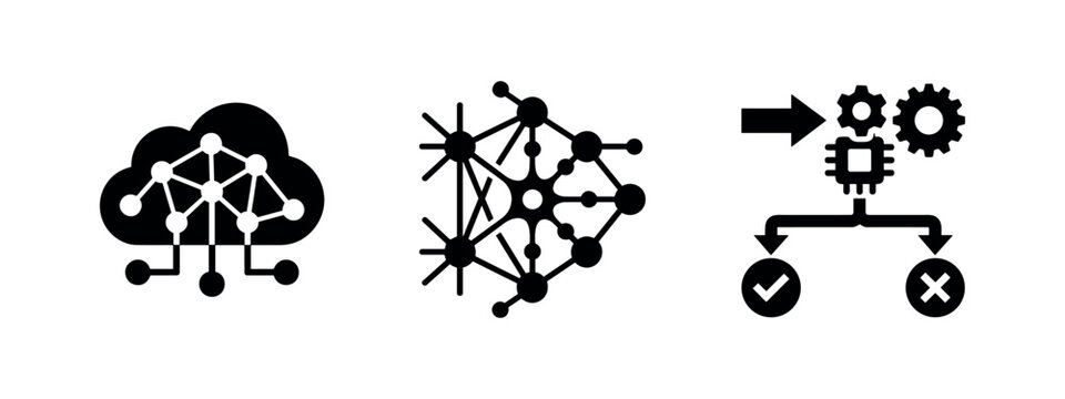Cloud Neural Network, Abstract Node Structure, and AI Process Flowchart Icon Set
