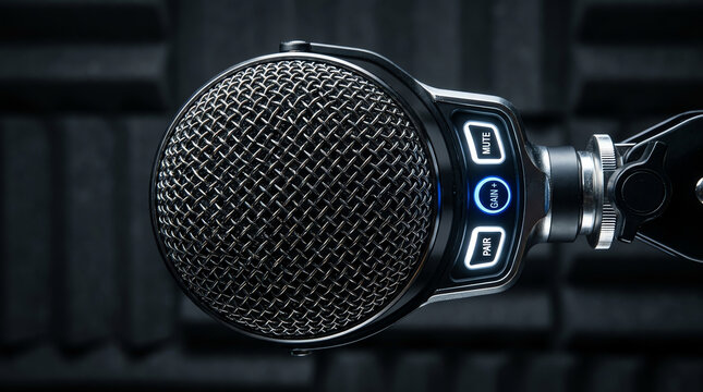 Studio microphone with illuminated buttons in soundproof room