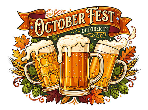 Vintage Oktoberfest Celebration Banner with Foamy Beer Mugs, Hops, Wheat Ears, and Autumn Leaves Vector Illustration Isolated on White Background