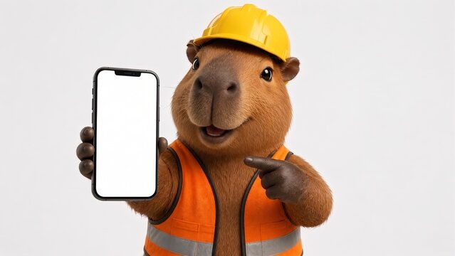 Cute 3D capybara construction worker pointing at blank smartphone screen. Builder mascot showing mobile phone mockup isolated on white