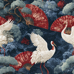 Naklejka premium Luxury oriental seamless pattern with white cranes and red floral fans creating elegant nature design