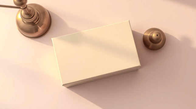 A top-down view of a light beige rectangular box next to small metallic decorative spheres on a soft pink surface, minimalist product mockup, elegant blank template, modern retail concept.