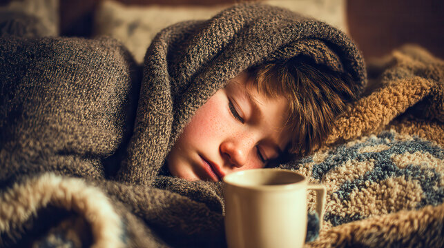 A sick boy sleeps under a warm blanket, child fever, flu recovery, resting kid, health care.