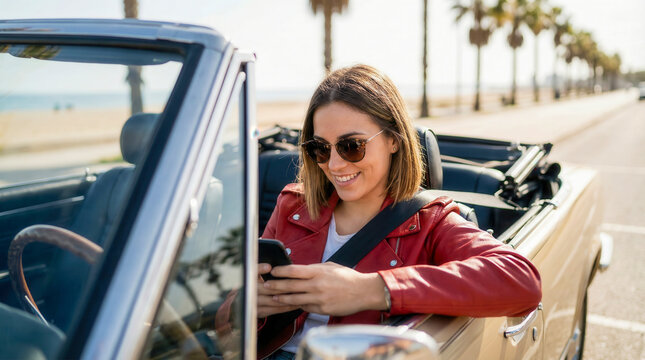 A happy woman wearing sunglasses drives a convertible car along the coast, road trip, summer travel, driving freedom, luxury vehicle.