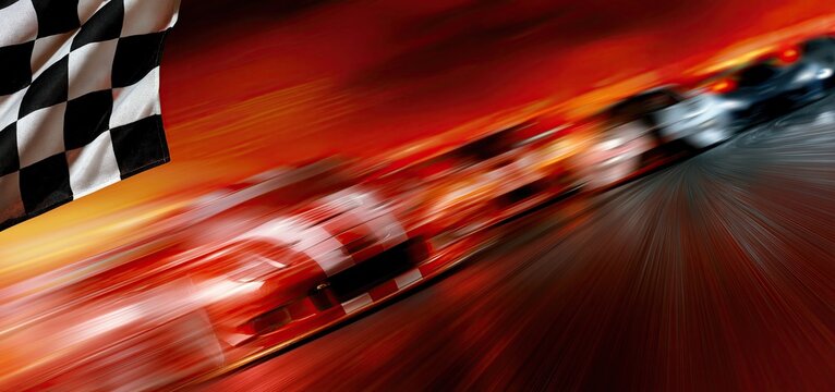Blurred race cars speeding past a waving checkered flag, featuring vivid red and orange hues and intense energy.