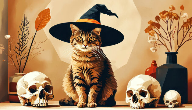 A cat wears a witch hat sitting among skulls and autumn leaves, halloween illustration, magical pet, spooky art, festive animal. Halloween.