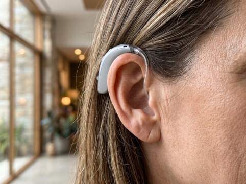 Side View Of Modern Digital Hearing Aid On Ear