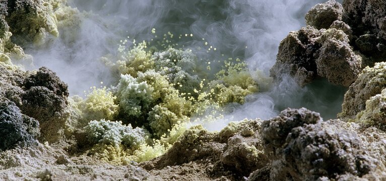 A detailed composition of volcanic rock surfaces accented by glowing microbes and sulfur mist forming a vibrant natural ecosystem.