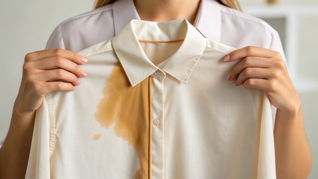 A woman holds up a white shirt revealing a large coffee stain, laundry problem, dirty clothes, accidental spill, cleaning concept.