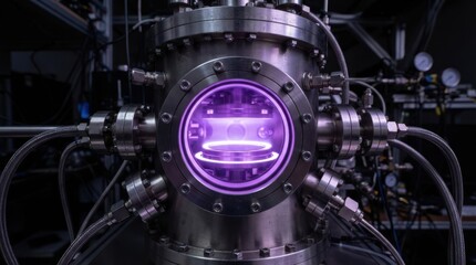 Fototapeta premium Plasma etching chamber with violet glow, metal rings, glass porthole, and vacuum tubing in a semiconductor cleanroom