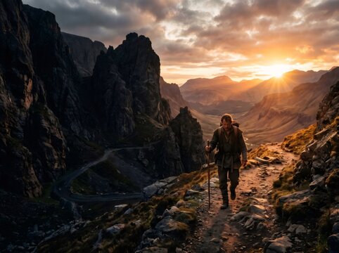 Pilgrim walking mountain path at sunrise during spiritual journey