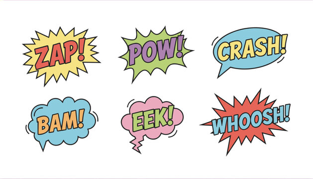 Set of six vintage comic book style speech bubbles contains action phrases such as zap pow crash bam eek and whoosh in bold colors.