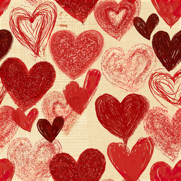 Red love heart seamless pattern with overlapping hand drawn and textured hearts on beige background, romantic and warm