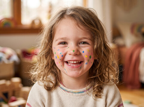Happy little girl with face art smiling brightly at camera