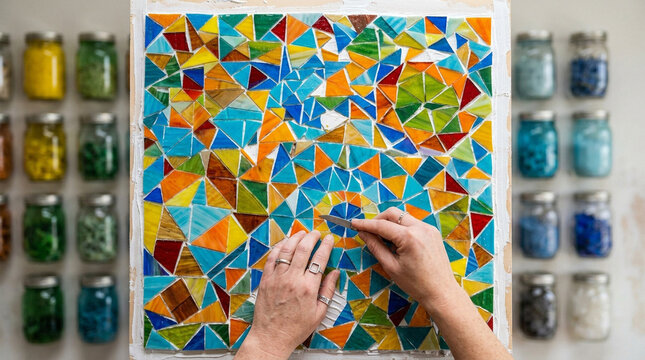 Handcrafted glass mosaic art creation process