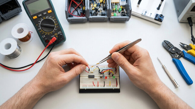 Engineer Assembling Electronic Circuit Board on Workbench