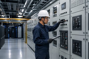 Obraz premium Engineer Managing AI Data Center Power