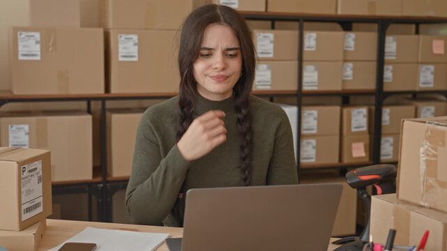 Woman at packing station grimaces with hand to mouth beside laptop and stacked packages in a building; frustration entrepreneurship.